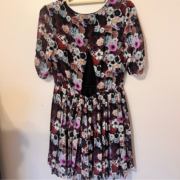 Chiffon Floral Pleated Open Back Mini Dress - Picture 3 of 7